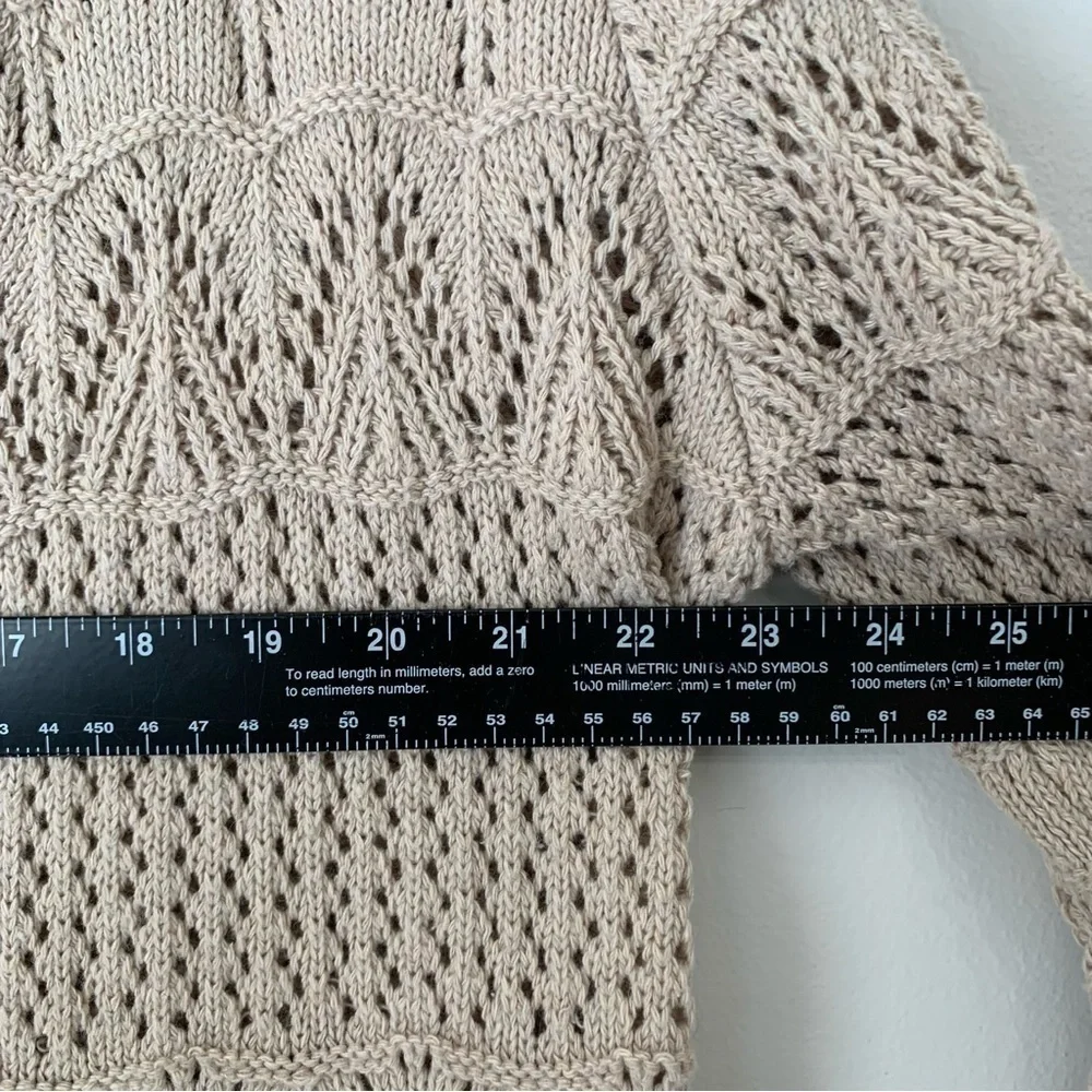 POL Crochet Knit Hooded Open Front Long Cardigan Tan Size M